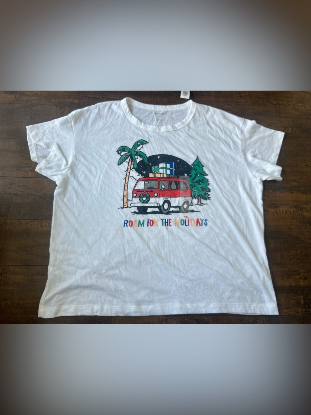 White Holiday Camper Graphic Tee - Festive Red Van